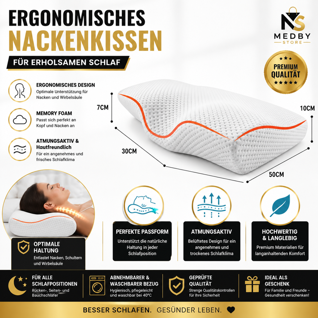 MEDBY Ergonomisches Memory-Foam-Nackenkissen – Atmungsaktiv & Nackenstützend